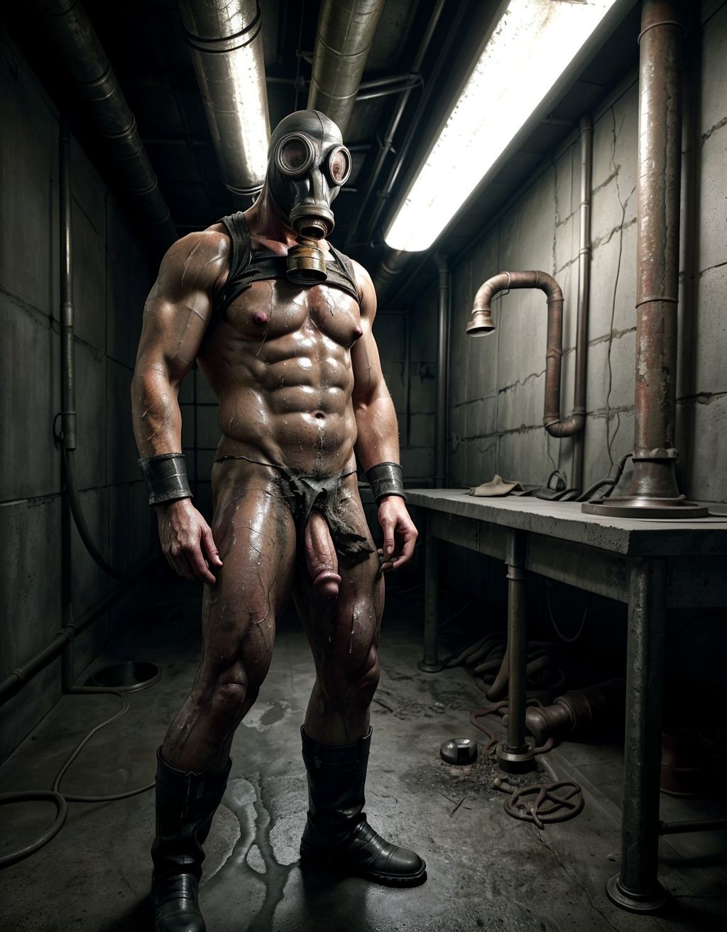 Hombre desnudo con máscara de gas, standing en una mazmorra industrial oscura, grilletes en muñecas, ropa rota, suelo de hormigón, tuberías oxidadas, atmósfera tóxica, piel sudorosa, musculoso, con pene visible, luz tenue de lámparas industriales.