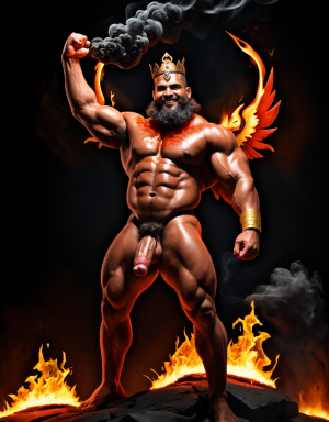 Cneo Pompeyo Magno desnudo con pene grande y testículos grandes peludos. Dobla el brazo derecho para enseñar los bíceps del brazo derecho con gran orgullo. Tiene mucho vello por todo el cuerpo. Está bronceado. Tiene corona de oro. Tiene alas de diablo negras y rojas oscuro. Los brazos están hacia arriba implorando rayos y fuego. Tiene un chorro de fuego en el pene que sale a chorros rojos hacia arriba de su pene erecto tieso hacia arriba. Sus ojos son grandes y rojos. Está enseñando sus grandes testículos. Tiene testículos grandes y oscuros. Está alumbrado con mucha luz roja por todo el cuerpo. Es muy atractivo. Está rodeado de llamas y humo. Tienen cara de maldad y con barba. Se ven los pies. ¿Donde están sus pies? quiero ver los pies. Está delgado.