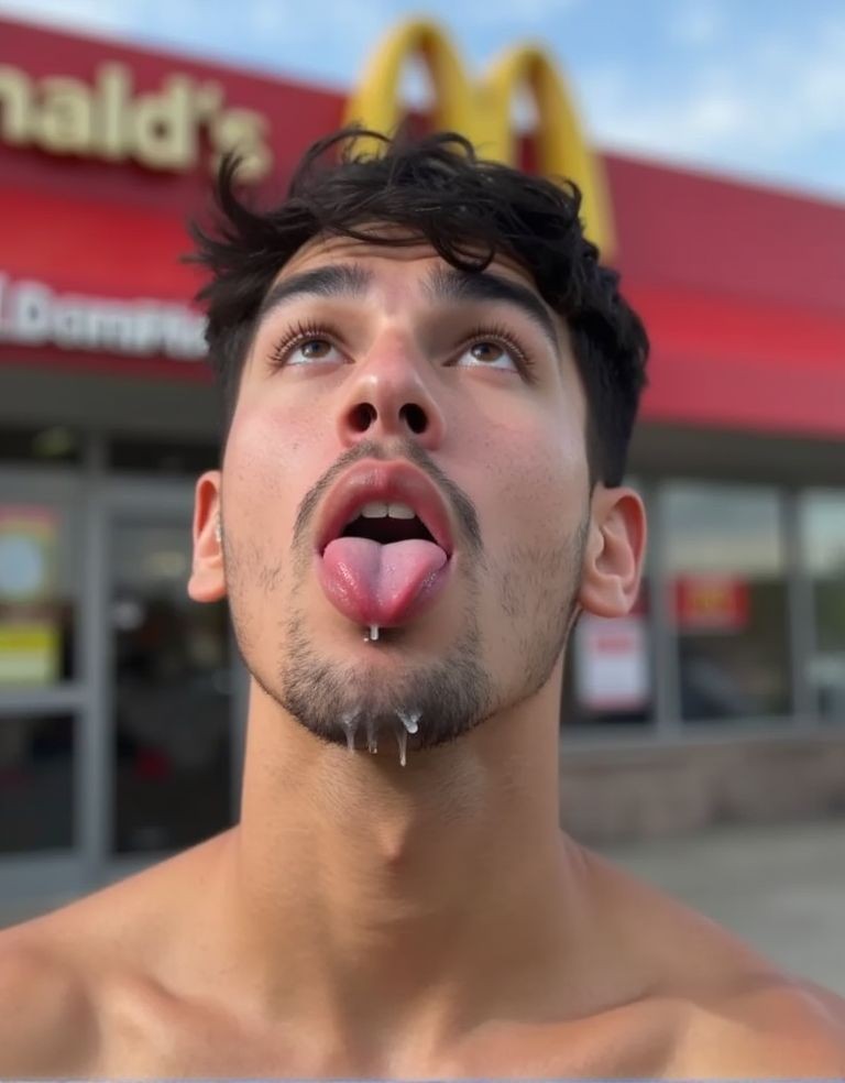 Un joven sin camiseta aparece en primer plano frente a la entrada de un McDonald’s, con el rostro inclinado hacia arriba, los ojos mirando al cielo y la boca abierta mientras saca la lengua. Lleva un piercing metálico en la lengua y se aprecian gotas de saliva cayendo desde el labio inferior y la barbilla, aportando un gesto provocador y espontáneo. Tiene pelo oscuro despeinado, cejas marcadas, barba corta y bigote ligero. Al fondo, desenfocado, destaca el rótulo rojo del restaurante con los arcos dorados característicos, puertas de cristal y un ambiente exterior urbano a plena luz del día.