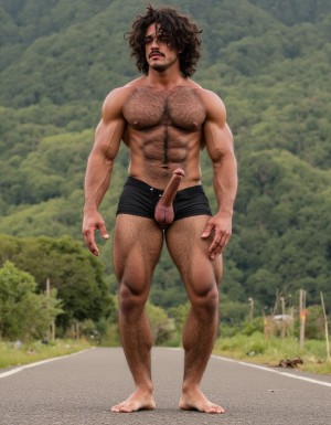 PEDRO es un hombre muy macho, delgado pero con músculos muy marcados y definidos, está de pie. Tiene su polla erecta. PEDRO tiene una polla de treinta y cinco centímetros de longitud. Pedro tiene rasgos mediterráneos, que se presenta de cuerpo entero desde la coronilla de la cabeza hasta las plantas callosas de los pies desnudos, destacando su polla erecta de treinta y cinco centímetros de longitud. Su cara geométrica masculina brutal, con pómulos altos, mandíbula cuadrada y barbilla prominente, muestra una estructura ósea típica de un hombre mediterráneo. Sus ojos oscuros, de color marrón profundo, están ligeramente hundidos bajo un arco supraciliar marcado, lo que le da una imagen de depredador peligroso. El bigote denso y espeso de pelo negro azabache cubre todo el labio superior, y su pelo negro intenso y rizado cae en ondas gruesas y desordenadas hacia los lados y hacia atrás.

PEDRO tiene un pecho expansivo con clavículas marcadas y separadas, y una selva de vello que cubre desde la parte superior de los pectorales hasta el abdomen sin interrupción. Sus pectorales son carnosos y están cortados con definición extrema, y la parte inferior de cada pectoral crea una sombra curva sobre las costillas. Los pezones son oscuros, de color marrón rojizo, y están ligeramente orientados hacia abajo y hacia los lados.

PEDRO también tiene abdominales six-pack muy marcados, con un abdomen plano y firme, y una musculatura subyacente visible pero cubierta por la capa de vello que baja desde el pecho sin interrupción. Sus brazos musculosos están marcados y definidos, con deltoides redondos y prominentes, y bíceps y tríceps bien desarrollados. Las manos de PEDRO son de trabajador, con dedos y nudillos prominentes, y uñas cortas y cuadradas.

Las piernas de PEDRO son voluminosas y densas, con cuádriceps y muslos marcados y definidos, y una capa generosa de vello negro rizado que cubre la piel morena. Los pies de PEDRO son proporcionados a la estructura de su cuerpo, con uñas cortas y algo amarillentas, y pelo oscuro en el empeine y en los dedos.

La polla de PEDRO es de treinta y cinco centímetros de longitud, con un diámetro de ocho centímetros, y está dura y curvada hacia arriba. El prepucio cubre parcialmente el glande, que es de cabeza roma y rojiza, y el meato uretral es una ranura vertical que gotea por excitación sexual. (No deformaciones, NO distorsión) Los huevos de PEDRO cuelgan mucho, con un escroto oscuro y arrugado, cubierto por vello rizado y disperso, y son perfectamente simétricos, con un diámetro de cinco centímetros cada uno.

La imagen de PEDRO se presenta en un fondo natural, con un paisaje sereno y tranquilo, y se muestra en ultra alta definición 8K, lo que permite apreciar todos los detalles de su cuerpo. La mano derecha de PEDRO rodea su pene, masturbación. NO DISTORSIÓN NO DEFORMACIÓN: polla con forma perfecta.