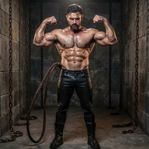 A powerful, dominant man in his early 30s, muscular and hairy, stands shirtless in a dimly lit dungeon-like room with chains on the walls, wearing tight black leather pants and heavy boots, flexing his biceps while holding a thick leather whip, intense piercing gaze straight at the camera, short dark hair with a rough stubble, sweat glistening on his chest, dramatic side lighting casting strong shadows that emphasize his broad shoulders and defined abs, raw masculine energy, photorealistic, high detail, cinematic atmosphere.