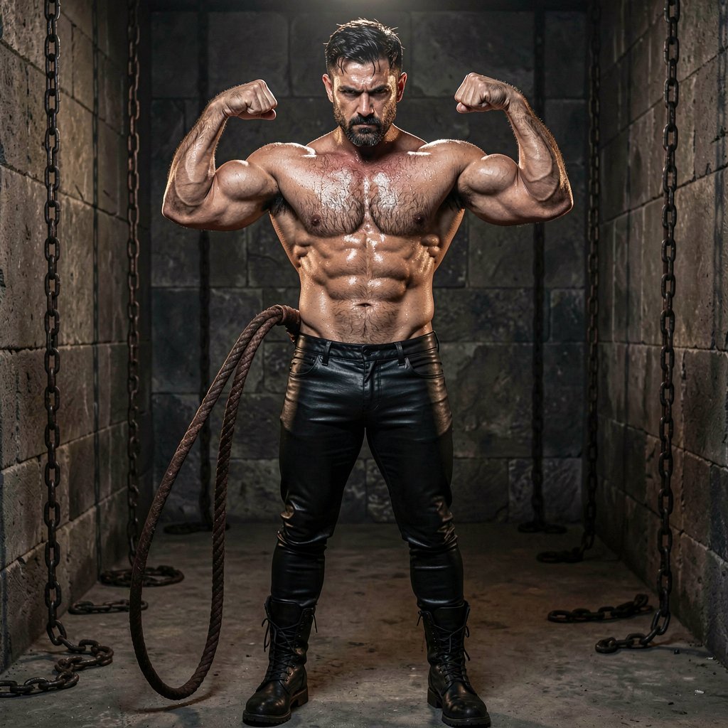 A powerful, dominant man in his early 30s, muscular and hairy, stands shirtless in a dimly lit dungeon-like room with chains on the walls, wearing tight black leather pants and heavy boots, flexing his biceps while holding a thick leather whip, intense piercing gaze straight at the camera, short dark hair with a rough stubble, sweat glistening on his chest, dramatic side lighting casting strong shadows that emphasize his broad shoulders and defined abs, raw masculine energy, photorealistic, high detail, cinematic atmosphere.