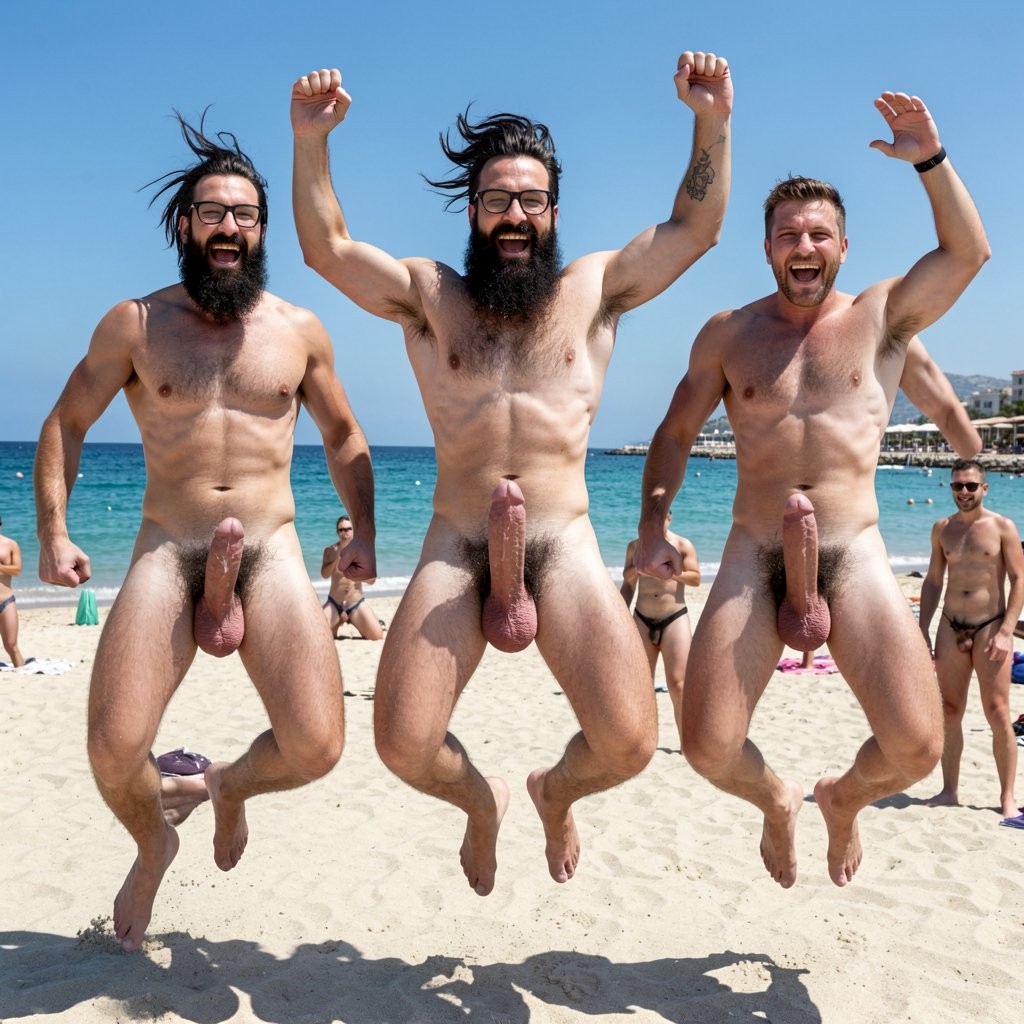Tres hombres desnudos saltan en una playa de arena blanca junto al mar, riendo y levantando los brazos en actitud festiva, con sus penes visibles mientras posan de frente bajo un cielo azul despejado. Los dos de la izquierda llevan barba abundante y gafas, y el del centro destaca por su barba larga, el pelo oscuro al viento y los brazos alzados, mientras el hombre de la derecha sonríe ampliamente con una mano levantada. Al fondo aparecen bañistas, sombrillas, toallas y personas paseando cerca del agua turquesa, creando un ambiente de playa nudista, verano, vacaciones y diversión en grupo.