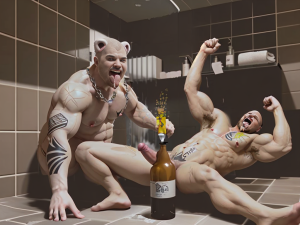 Dos hombres en una despedida de soltero, el novio es fuerte y lleva tatuajes y un sombrero con orejas de oso, muy borracho, el otro hombre es su  mejor amigo está también borracho en el suelo mostrando una erección, beben mucha cerveza, están en un aseo público. Se orinan en el suelo. 