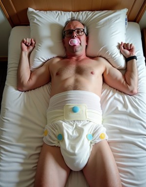 Un hombre tumbado boca arriba sobre una cama con sábanas y almohada blancas aparece con el torso desnudo, gafas negras y un chupete rosa en la boca, mirando hacia arriba con una expresión neutra. Sus brazos están flexionados a ambos lados de la cabeza, con las manos cerradas, y lleva un reloj o pulsera oscura en la muñeca derecha. La parte inferior del cuerpo está cubierta por un pañal blanco voluminoso con detalles decorativos en azul y amarillo, ajustado con una banda blanca alrededor de la cintura y un botón azul centrado. La escena tiene un ambiente íntimo de dormitorio, con cabecero de madera, luz suave y una estética de juego de rol infantilizado o regresión, destacando el contraste entre el cuerpo masculino, el chupete y el pañal.