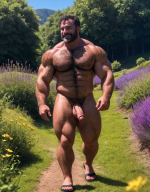 Hombre desnudo con pene grande y grandes testículos peludos. Tiene Cabeza y cara de hombre de 40 años de edad. Tiene un pene grande y erecto de donde sale semen líquido blanco. Con la mano se acaricia suavemente. Tiene mucho vello por todo el cuerpo. Lleva sandalias de color rojo en los pies. Es muy mucho viril, con cara de malote. Está andando por un camino de un prado verde lleno de mariposas. Está delgado. Tiene los pies en el suelo. Está contento. Está muy delgado. Tiene mucho vello en el cuerpo. Tiene los pies en el suelo. Tiene una rosa en la mano derecha.