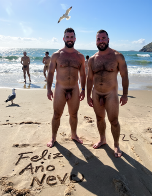 Día de Año Nuevo 2026. Dos hombres llamados Juan y Pedro, tienen los pies descalzos pero están totalmente desnudos. 

Juan es un hombre de 50 años de edad, muy atlético y tiene sus músculos muy definidos y es muy peludo, está totalmente desnudo, tiene un pene largo erecto de 36 cm de longitud y 9 cm de diámetro, tiene cabello negro largo ondulado y desordenado, tiene mucho vello pectoral, tiene piernas masculinas con abundante vello, tiene brazos peludos,  su cara tiene forma cuadrada tiene mentón prominente con hoyuelo muy pronunciado y muy masculino, su barba está bien afeitada y su cara está muy limpia resaltando sus facciones masculinas. 

Pedro es un hombre de 58 años de edad con músculos marcados sin grasa, está totalmente desnudo, tiene un pene largo de 39 cm de longitud y 9 cm de diámetro, tiene cabello pelirrojo rizado abundante y largo de color rojo, tiene abundante vello pelirrojo pectoral de color rojo oscuro en abundancia, tiene piernas masculinas con mucho vello, tiene brazos peludos y muy masculinos. Pedro tiene presencia atlética y es muy peludo, mucho pelo por todo su cuerpo. 

Pedro está con el esfínter del culo abierto. Juan mete su pene por el esfínter del culo de Pedro ((Imagen de alta definición, imagen calidad 4K, UHD)). Dentro del culo de Pedro está a medio meter el pene de Juan. ((Juan tiene su pene dentro del culo de Pedro)). Sexo anal duro y apasionado. Pedro está con el esfínter del culo abierto. Juan mete su pene por el esfínter del culo de Pedro ((Imagen de alta definición, imagen calidad 4K, UHD)). Dentro del culo de Pedro está a medio meter el pene de Juan. Juan tiene su pene dentro del culo de Pedro. Sexo anal duro y apasionado. ((Penetración)) penes erectos. 

Pedro y Juan enseñan sus músculos muy marcados y bien definidos, están de pie sobre la arena de la playa con olas azules y con el Sol reflejándose sobre el agua del mar mientras vuelan dos gaviotas. En la arena de la playa está trazado el texto: 