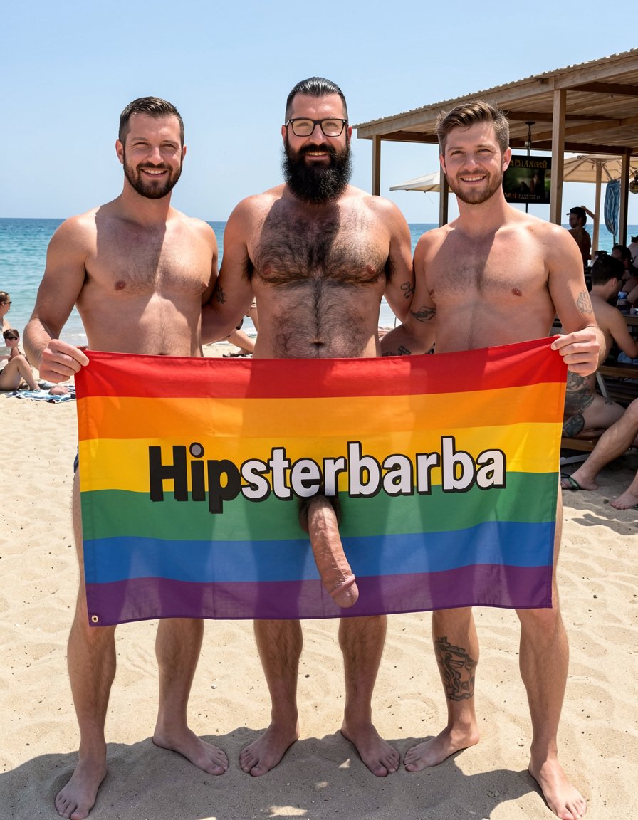 Fotografía hiperrealista tomada al mediodía en la arena de El Playazo, Vera Playa, Almería, justo delante del chiringuito El Pirata. Los tres estáis completamente desnudos, de pie uno al lado del otro, sonrientes y formales como buenos amigos, sujetando entre los tres una gran pancarta horizontal de tela que ondea suavemente con el viento. La pancarta está colocada exactamente a la altura de la cintura, cubriendo de la cintura para abajo, por lo que vuestras pollas, huevos y parte superior de los muslos quedan completamente visibles y expuestos por debajo de la tela.

La pancarta ahora tiene los colores del arco iris: el fondo es una franja horizontal con los colores del orgullo gay (rojo, naranja, amarillo, verde, azul y morado) y el texto está escrito en blanco con un borde negro para que resalte. En la pancarta pone exactamente “Hipsterbarba”, con la “H” en mayúscula y el resto de letras en minúsculas.

Hipsterbarba estás en el centro sujetando la pancarta con ambas manos: 40 años, 1,80 m, 80 kg, 8% de grasa, six-pack seco y muy marcado, pecho velludo negro denso con trail hasta el pubis, barba Bandholz larguísima y cuidada que llega casi al ombligo, bigote con puntas curvadas en espiral, gafas de pasta negra, pelo en high fade undercut, tatuaje “hipsterbarba” en el brazo derecho, polla gruesa de 18 cm con prepucio parcial y huevos pesados y peludos colgando debajo de la pancarta.

A tu izquierda está Erik sujetando su parte: 38 años, 1,85 m, 92 kg, 7% de grasa, hombros y pectorales enormes, barba negra espesa, polla gruesa de 19 cm y huevos grandes peludos también visibles bajo la tela.

A tu derecha está Ferran: 36 años, 1,78 m, 78 kg, 9% de grasa, barba castaña más corta, polla de 17 cm también expuesta debajo de la pancarta.

Los tres sonreís de forma natural y amistosa mirando directamente a la cámara, con las manos sujetando la pancarta que se mueve con el viento. El sol del mediodía ilumina vuestros cuerpos musculosos y velludos, el mar turquesa queda al fondo y la terraza del chiringuito El Pirata se ve detrás con nudistas tranquilos. Texturas reales de tela ondeando, colores vivos del arco iris, piel, vello y luz natural perfecta. Todo limpio, positivo y con buena vibra.