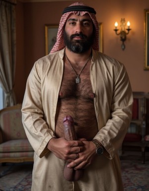 Un hombre árabe maduro de 50 años, musculoso y varonil, con una barba y bigote espesos, y un cuerpo cubierto de vello, viste un traje tradicional árabe desabrochado, revelando su pecho velludo. Su mirada es intensa y dominante. Está de pie en una habitación lujosa con alfombras y cortinas de seda, bañado en una iluminación cálida y sensual. Su pene erecto, peludo y lleno de venas, mide 40 cm de longitud y 8 cm de diámetro, y está a punto de eyacular. Con las manos en la parte inferior del abdomen, rodea su pene para masturbarse, destacando su excitación y placer. La imagen es hiperrealista, con detalles de alta calidad, y muestra claramente la textura del vello, la seda y la carne, creando una atmósfera sensual y erótica.