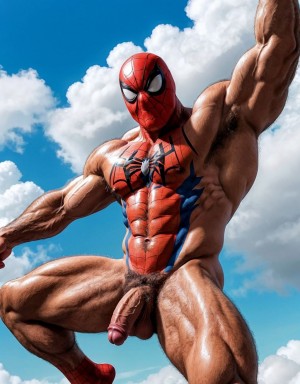 Spiderman velludo musculoso totalmente desnudo volando sobre una nube en el cielo azul. Tiene el pene grande. Tiene los testículos grandes y peludos. Volando. Está feliz. Tiene la piel limpia y húmeda. Tiene ojos verdes y dientes blancos.