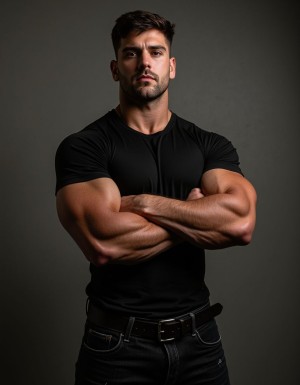 Hombre masculino de 35 años, complexión atlética y musculosa, brazos fornidos con venas marcadas, pecho ancho, abdominales definidos, mandíbula cuadrada, barba corta perfectamente recortada de tres días, mirada penetrante y dominante, cejas pobladas, pelo corto oscuro con entradas, postura dominante con brazos cruzados, vistiendo camiseta ajustada negra que marca los músculos, vaqueros oscuros con cinturón de cuero, fondo neutro de gimnasio urbano, iluminación dramática lateral, fotografía realista de alta calidad, estilo fotográfico profesional masculino, expresión seria y confiada, fotorrealista 8k