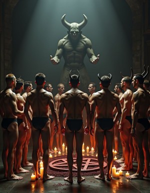 a group of naked men:1.5, gathered in a dark:1.2 and ominous:1.1 ritualistic setting:1.3, surrounded by candles:1.1, pentagrams:1.2, and occult symbols:1.1, with a large stone statue:1.2 of a demonic figure:1.3 in the background, the men:1.5 have muscular:1.1 bodies:1.2, with some having tattoos:1.1 of devilish:1.2 imagery:1.1, and others with piercings:1.1, they are all standing:1.1 in a circle:1.2, with their arms:1.1 raised:1.2 in worship:1.3, their erect penises:1.5 are visible:1.2, and some are wearing:1.1 devil horns:1.2 or masks:1.1, the atmosphere:1.2 is one of dark:1.3 and foreboding:1.2 energy:1.1, with a sense of debauchery:1.3 and hedonism:1.2, hyper-realistic:1.5 photo:1.5 with high:1.5 quality:1.5 details:1.5. photographically clear