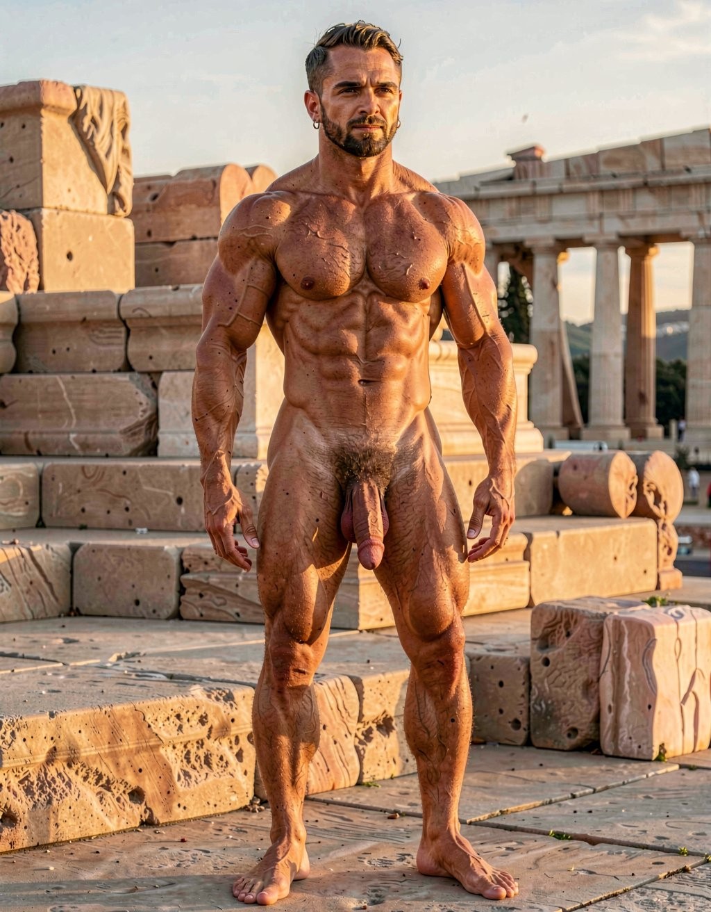 Pericles. A full-body, highly detailed and realistic portrait of a completely naked Pericles at 35 years old standing confidently in 460 BC Athens during golden hour. Full length view from feet to head, slight three-quarter angle. He has a distinctively elongated 