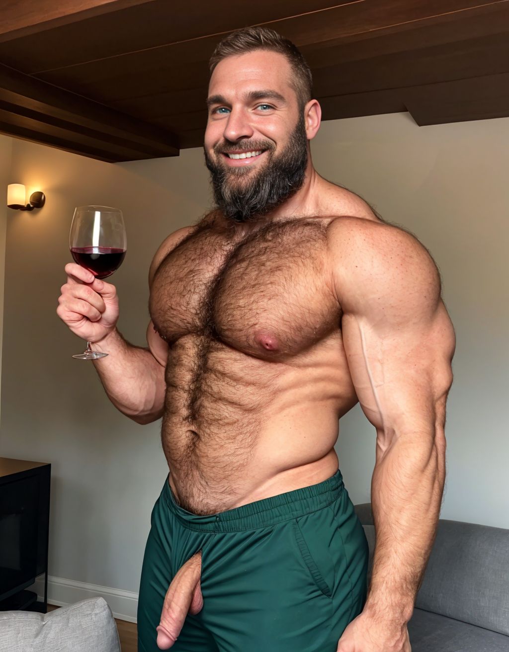 Hombre delgado de 35 años con músculos marcados definidos. Mucho vello. Barba. De cuerpo entero. Sonriente. Copa de vino en la mano.  Un pene grande erecto precioso  perfecto. Testículos grandes y peludos. Muy masculino muy viril. Ojos verdes.