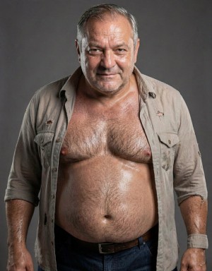 Hombre mayor de complexión robusta posando de frente sobre un fondo gris de estudio, con expresión seria y una leve sonrisa. Lleva una camisa beige desgastada y abierta, con mangas remangadas y bolsillos en el pecho, dejando al descubierto el torso desnudo, abundante vello en el pecho, abdomen prominente y piel brillante por sudor o humedad. Viste pantalones vaqueros oscuros con cinturón negro, y en una muñeca lleva una banda o pulsera de tela. La iluminación resalta las arrugas del rostro, el pelo corto canoso, la barba incipiente y la textura de la ropa, creando un retrato directo, natural y algo rudo.