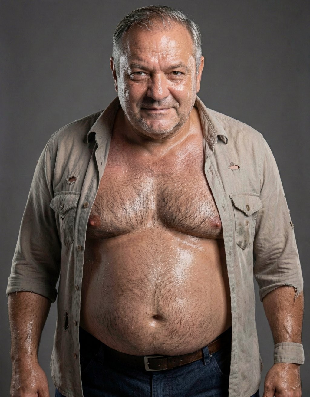 Older man with a robust build posing front-facing against a gray studio background, with a serious expression and a slight smile. He wears a worn, open beige shirt, with rolled-up sleeves and chest pockets, revealing his bare torso, abundant chest hair, prominent abdomen, and skin shiny with sweat or moisture. He wears dark jeans with a black belt, and on one wrist he has a fabric band or bracelet. The lighting highlights the wrinkles on his face, short gray hair, stubble, and the texture of the clothing, creating a direct, natural, and somewhat rugged portrait.