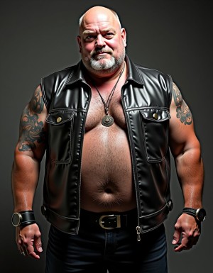 abuelo obeso cuero descamisado heavy metal