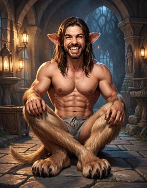 hombre antropomórfico con cuerpo de perro, piernas y brazos peludos, cola larga y orejas puntiagudas, pero con cabeza humana, ojos marrones y cabello castaño, sonriendo y mostrando dientes afilados, sentado en una posición erguida con las piernas cruzadas, desnudo, con un pene canino erecto y prominentes testículos, en un entorno de estilo fantástico con colores vivos y texturas detalladas, iluminación cálida y sombras profundas, enfatizando la musculatura y la pelusa del cuerpo, con un toque de realismo y una actitud juguetona y sensual.