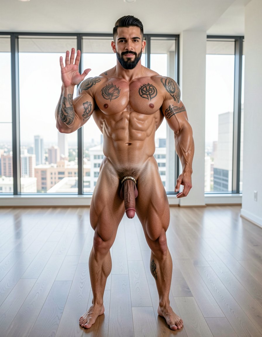 Photorealistic portrait full body shot indoor modern minimalist apartment background white walls large windows daylight natural lighting, extremely handsome masculine dominant man late 30s early 40s rugged alpha male appearance standing center frame confident powerful stance legs apart facing camera direct eye contact intimidating authoritative gaze, extremely muscular athletic professional bodybuilder physique massive shoulders wide back extreme V-taper narrow waist thick powerful legs eight-pack abs visible completely naked fully nude entire body visible head to feet, short dark hair perfectly styled masculine haircut thick dark stubble beard covering strong angular jaw chiseled masculine facial features piercing intense dark eyes looking directly at camera dominant expression slight arrogant smirk confident attitude, completely naked totally nude muscular body fully exposed massive defined pecs abs obliques Adonis belt visible muscular arms biceps triceps forearms thick muscular thighs quads hamstrings calves feet visible standing barefoot hardwood floor, huge thick long erect cock massive erection pointing upward enormous penis fully erect large thick shaft prominent glans meatus visible heavy hanging balls testicles visible between thick muscular thighs, small black ink tattoo right upper arm bicep brachial region curved text following anatomical muscle contour letters reading 
