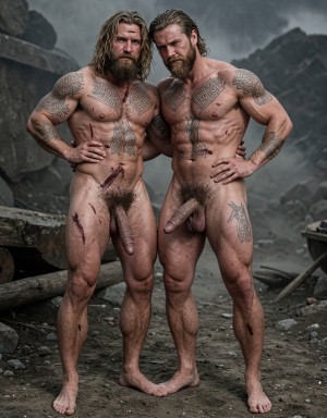 Dos hombres desnudos, musculosos y de aspecto guerrero posan de pie sobre un terreno rocoso y embarrado, con montañas oscuras y un ambiente gris de batalla al fondo. Ambos tienen barba, pelo largo, torsos velludos, numerosos tatuajes tribales en pecho, hombros, brazos y muslos, además de cortes y manchas de sangre en el cuerpo. Mantienen una postura firme, con las manos en la cintura y los cuerpos muy juntos, mirando seriamente hacia delante. Sus penes quedan completamente visibles, junto con la complexión robusta, las piernas desnudas y los pies descalzos, reforzando una estética cruda, primitiva y cinematográfica de guerreros nórdicos o vikingos.