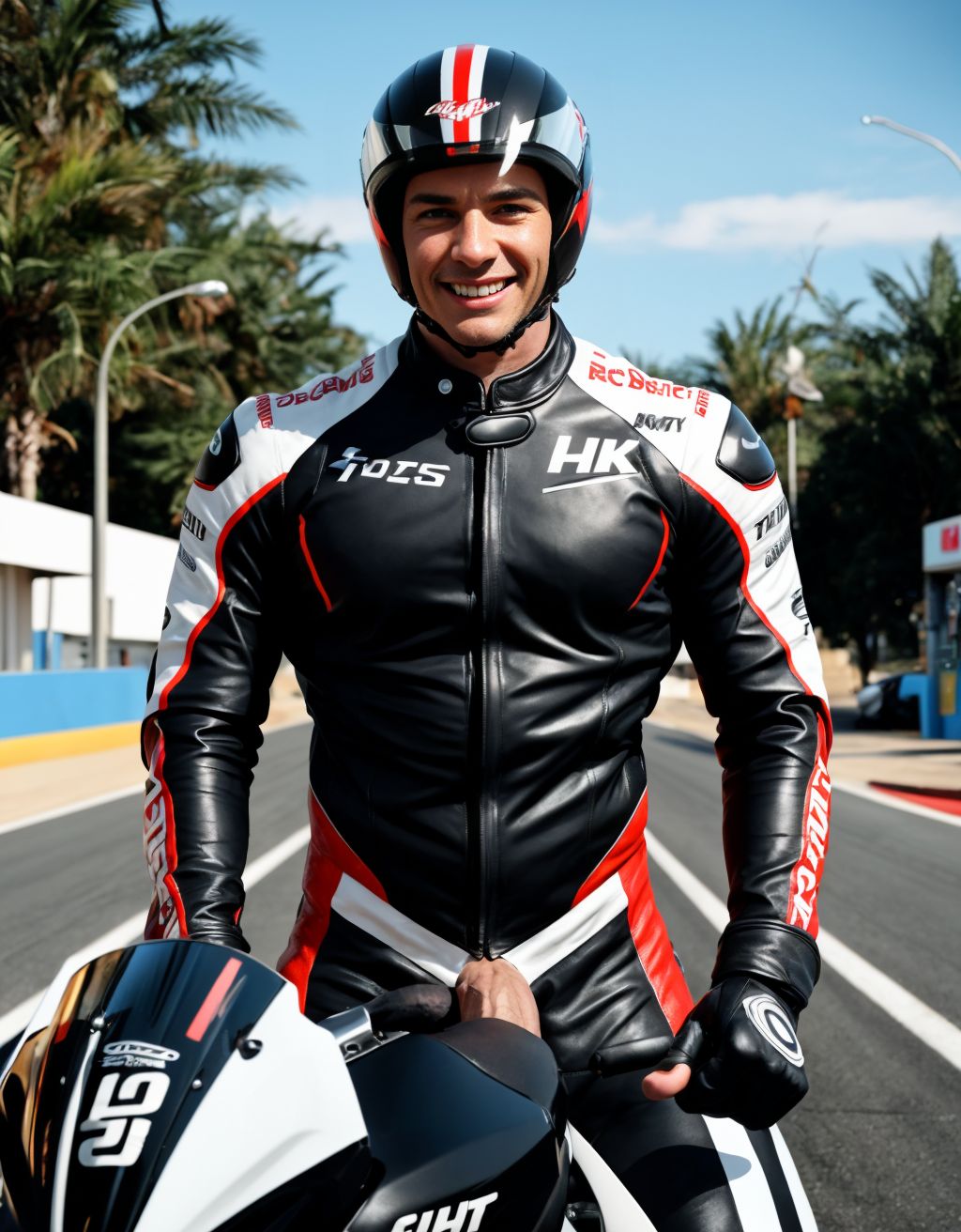 Hombre musculoso semidesnudo, pene visible, torso desnudo, traje de motorista parcialmente quitado, pecho y abdomen definidos, sentado en una moto de carreras, casco en mano, sonriendo confiadamente, fondo gasolinera iluminada, texturas hiperrealistas, 8K, foco en la figura masculina y la moto brillante.