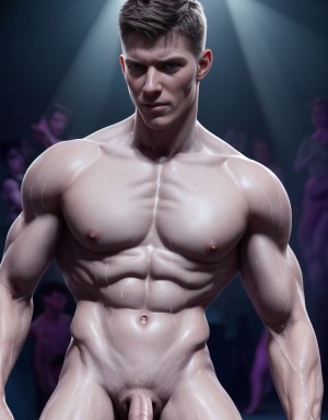 Hombre desnudo fotorrealista con pene visible:1.6, musculoso, piel sudorosa con poros y vello:1.4, bailando en discoteca gay, anatomía ultra detallada:1.3, luces estroboscópicas reales, resolución 8k, fondo oscuro con destellos, sombras hiperrealistas.