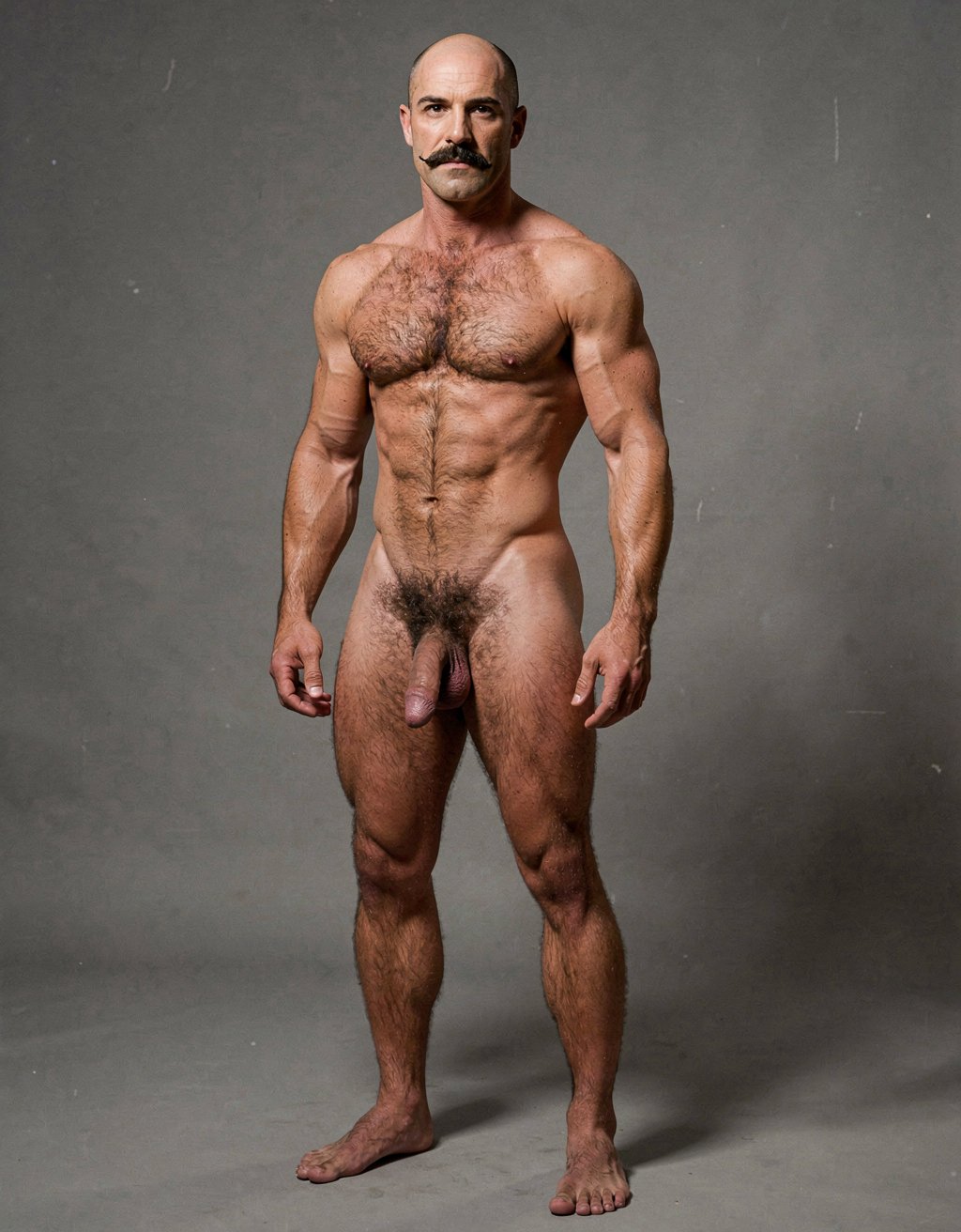 Mike Morris, a 32-year-old extremely lean Caucasian male with only 8% body fat, stands completely naked in a strict military attention pose captured in a full-body three-quarter view at a slight 45-degree angle. The shot runs from the tips of his size 44 slightly hairy feet all the way up to the top of his bald head, showing his entire body without any cropping. His physique is dry, vascular and powerfully defined: massive square pectorals covered in dense dark brown chest hair forming a thick T-pattern, sharply carved six-pack abs, narrow waist, wide flaring lats, and thick muscular thighs with dense dark hair. Dramatic directional studio lighting falls from high and slightly to the left, creating bright highlights on his tanned skin, the texture of his dense body hair across his chest, lower back and legs, and deep shadows that accentuate every muscle separation and vein. His advanced Norwood III-IV bald scalp is clearly visible, with short dense dark brown hair only on the sides and back of his head. His square, angular face with prominent jaw, thick dark handlebar mustache, heavy brows and intense deep-set brown eyes stares straight ahead with a serious, commanding expression. His penis is fully visible, completely natural and realistic: thick, 24 cm long when erect, with natural upward curve, prominent veins along the shaft, long foreskin that partially covers the pink-red glans, and realistic skin texture noticeably lighter than his bronzed body. Below it hang his large, low-hanging testicles with wrinkled darker skin and dense dark brown hair. The extremely thick, curly dark brown pubic bush climbs almost to his navel and spreads generously around the base of his cock and balls. Every detail from his veined hands and forearms to his diamond calves and hairy toes is perfectly proportioned and anatomically correct. Photorealistic, high-contrast, masculine 1970s Colt Studio aesthetic with subtle grainy film texture.