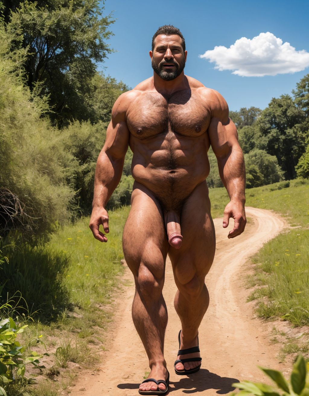 Dos Hombres desnudos con pene grande y grandes testículos peludos. Tiene Cabeza y cara de hombre de 40 años de edad. Tiene un pene grande y erecto de donde sale semen líquido blanco. Con la mano se acaricia suavemente. Tiene mucho vello por todo el cuerpo. Lleva sandalias de color rojo en los pies. Es muy viril, con cara de malote. Está de pie parado en un camino de un prado verde. Está delgado. Tiene los pies en el suelo. Está contento. Tiene mucho vello en todo el cuerpo. Es muy delgado. Tiene zapatos en los pies. Tiene mucho vello. Es muy delgado. Tiene los pies en el suelo. Tiene nariz grande. Son muy viriles. Se dan la espalda. Tienen sandalias en los pies. Están totalmente desnudos. Están corriendo por un camino de tierra. Se les ve los huevos por detrás 