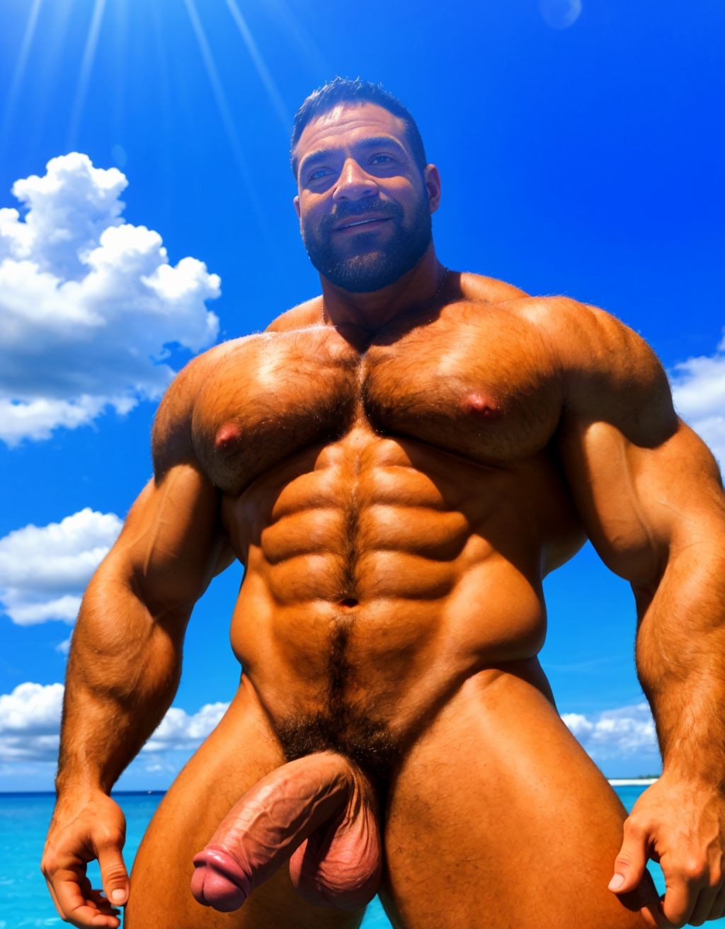 Dos hombres jóvenes musculosos y fibrosos, desnudos, con penes grandes, flotando entre nubes blancas. Tienen vello abundante en el pecho. Tienen testículos grandes. Cuerpos fuertes y viriles. Tienen una edad de 40 años. Están de espalda. Los penes están tiesos hacia arriba perfectos. Tienen sus testículos redondos y peludos.