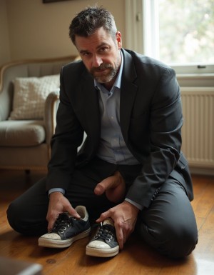 A middle-aged muscular man in his mid-40s with the build of a former athlete, strong jaw and confident features now softened by submission, short dark hair with hints of gray at the temples, wearing a disheveled business suit with his erect cock exposed outside his pants, kneeling submissively on a wooden floor, holding worn sneakers in his hands with a look of desperate longing and shame on his face, masculine physique contrasting with his humiliated posture, realistic photography style, natural lighting from a window, domestic interior background