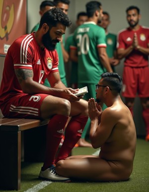 Hombre mexicano alto y moreno de 30 años con barba bien definida, musculoso y cabello oscuro, vistiendo un uniforme de fútbol completo con playera, shorts y medias, sentado en un banco de madera oscura en un cuarto iluminado con luz cálida, rodeado de otros hombros futbolistas mientras esta contando un fajo de billetes de dinero con expresión de satisfacción y un hombre mexicano moreno y gordo de unos 30 años con gafas y cabello peinado hacia atrás, arrodillado en el suelo totalmente desnudo frente al hombre sentado, besando sus pies descalzos con devoción y reverencia, con los ojos cerrados y una expresión de sumisión en su rostro. El hombre sentado tiene un brazo apoyado en el respaldo del banco y el otro brazo extendido contando el dinero, con una sonrisa leve en su rostro moreno y barbudo. El hombre arrodillado tiene las manos juntas en una posición de oración mientras besa los pies del hombre sentado, con su cuerpo gordo y sin ropa, en un ambiente de sumisión y poder. Hyper-realista foto con alta calidad de detalles y texturas. Todo pasando en una canfa de futbol pública mientras otros hombres en uniforme deportivo ven la escena y se burlan del hombre gordo sumiso