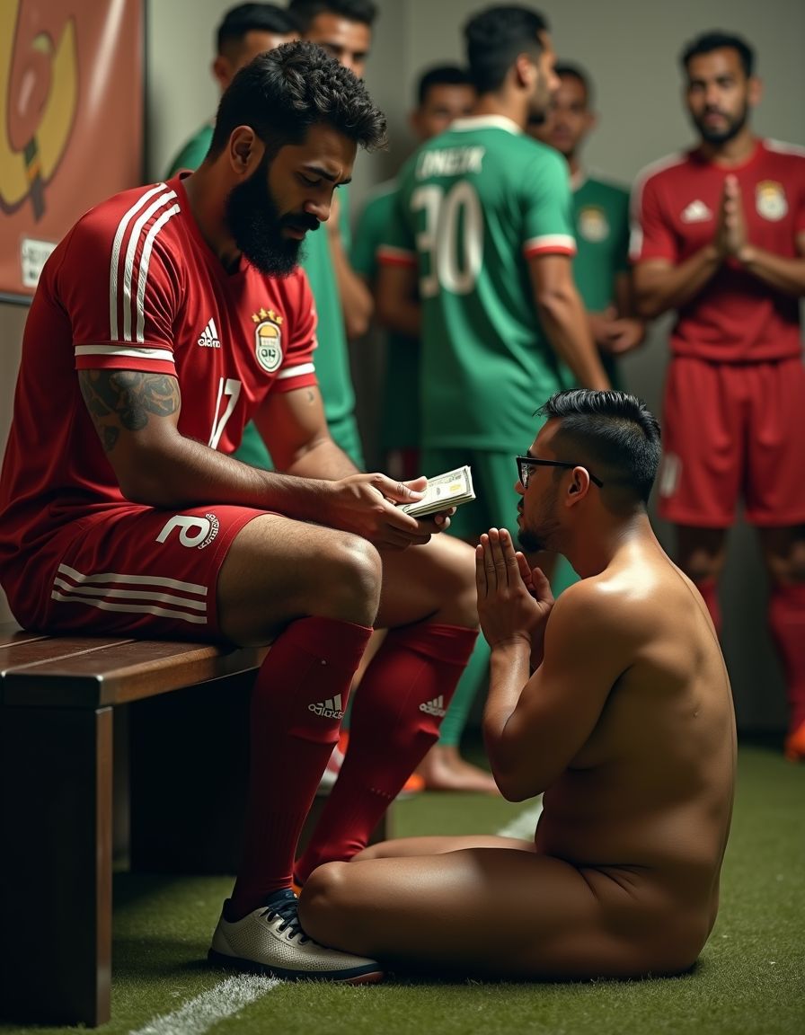 Hombre mexicano alto y moreno de 30 años con barba bien definida, musculoso y cabello oscuro, vistiendo un uniforme de fútbol completo con playera, shorts y medias, sentado en un banco de madera oscura en un cuarto iluminado con luz cálida, rodeado de otros hombros futbolistas mientras esta contando un fajo de billetes de dinero con expresión de satisfacción y un hombre mexicano moreno y gordo de unos 30 años con gafas y cabello peinado hacia atrás, arrodillado en el suelo totalmente desnudo frente al hombre sentado, besando sus pies descalzos con devoción y reverencia, con los ojos cerrados y una expresión de sumisión en su rostro. El hombre sentado tiene un brazo apoyado en el respaldo del banco y el otro brazo extendido contando el dinero, con una sonrisa leve en su rostro moreno y barbudo. El hombre arrodillado tiene las manos juntas en una posición de oración mientras besa los pies del hombre sentado, con su cuerpo gordo y sin ropa, en un ambiente de sumisión y poder. Hyper-realista foto con alta calidad de detalles y texturas. Todo pasando en una canfa de futbol pública mientras otros hombres en uniforme deportivo ven la escena y se burlan del hombre gordo sumiso