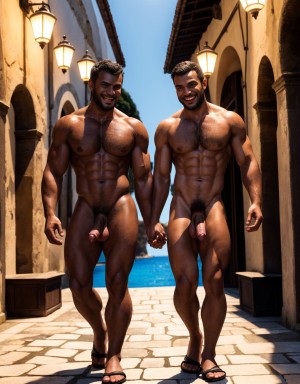 Calígula y Tiberio, desnudos, con penes perfectos erectos y testículos perfectos peludos, caminan sonrientes en Capri, vello abundante en el pecho, sandalias en los pies, eyaculando semen blanco líquido, bajo iluminación cálida, con expresiones de placer y satisfacción, piel bronceada, músculos definidos. Tienen testículos perfectos. Tienen penes perfectos. Están andando por la calle empedrada. Tienen los cuerpos perfectos. Sus testículos se mueven con elegancia sobre las piernas. El pene es perfecto, con un gran glande muy bien definido.