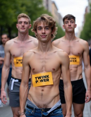 Por las calles de madrid un numeroso grupo de hombres twinks de 19 a 22 años, todos sin camiseta, llevan carteles donde pone "TWINK POWER", ambiente de manifestación
