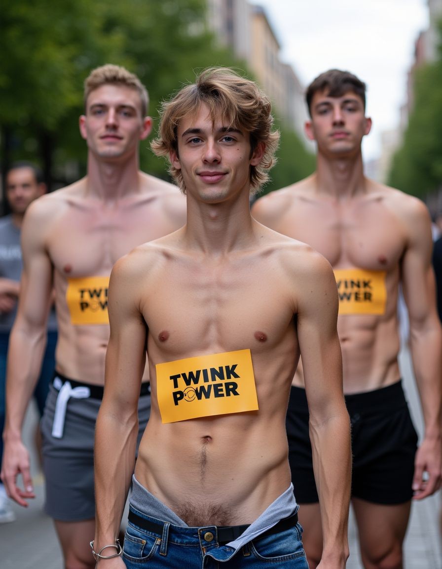 Three young men walk down a tree-lined urban street during a demonstration or parade, all shirtless and with yellow signs stuck to their chests bearing the message “TWINK POWER” in black letters. The man in the center appears in the foreground, with messy brown hair, a calm expression, unbuttoned jeans and the waistband of his underwear visible, showing his slim torso and abdominal hair. On both sides, slightly out of focus, two other participants move forward in sporty shorts, also bare-chested and with a confident attitude. The background shows more people, buildings and a blurred avenue, creating an atmosphere of pride, LGBTQ+ advocacy and queer visibility in public space.