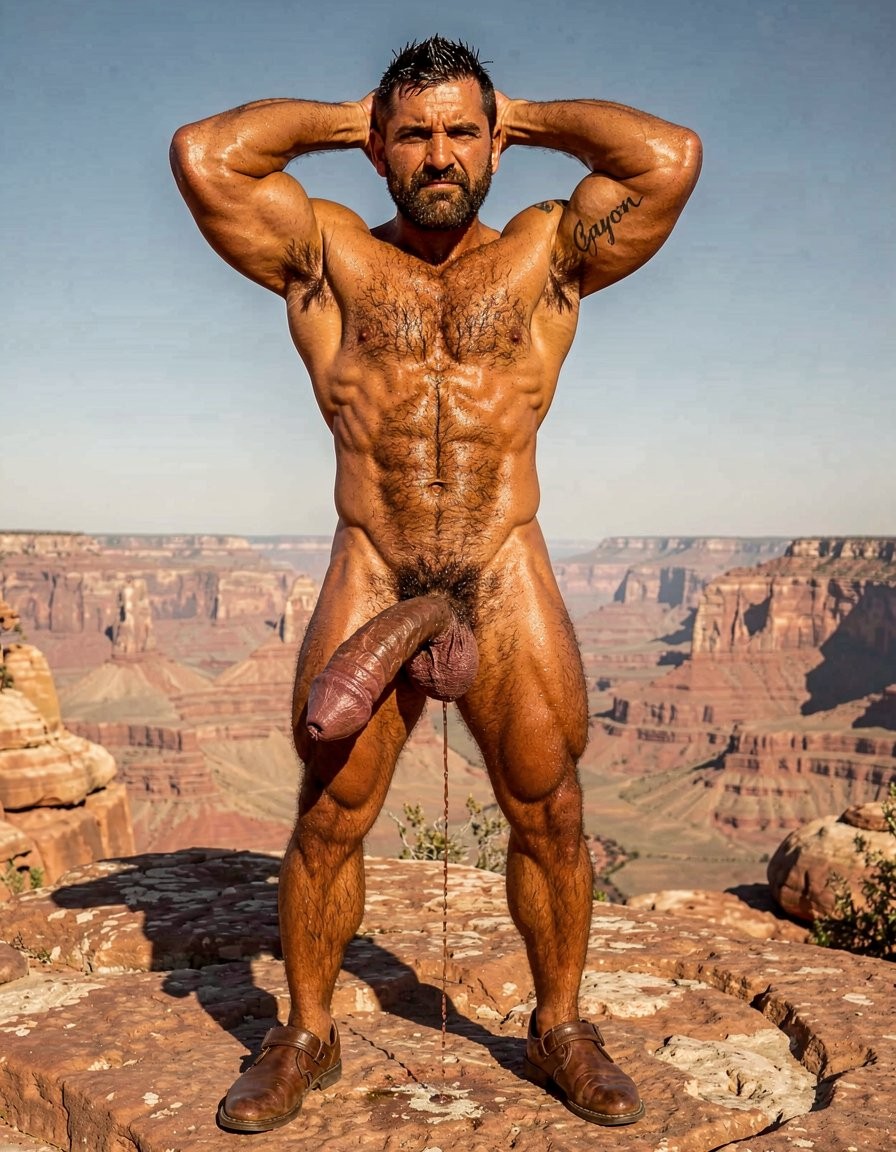 Hyper-realistic full-body frontal photograph, perfectly proportioned and anatomically flawless with zero distortion, of the 26-year-old ultra-masculine Zapotec warrior Cocijo standing completely still on the rocky summit of Cerro La Cantera, San Pablo Huitzo, Oaxaca, in the year 600 AD under brutal midday sun. The shot captures his entire body from the top of his head to the soles of his worn leather sandals. He stands obediently in front of his owner Gayon Von Neumann, feet planted wide apart, arms raised with hands clasped behind his head and elbows flared, chest pushed forward, looking straight ahead with total masculine submission. His body is hyper-muscular, golden-bronze skin drenched in sweat that glistens harshly under the sun. Square massive pectorals covered in dense wet black hair, thick veiny neck, strong square jaw, short black hair, and dark intense eyes. Deeply carved eight-pack abs with a thick trail of black hair running from his chest down to a dense black pubic bush. His enormous 35 cm cock is brutally swollen, dark purple, heavily veined and rock-hard, forced upward by the tight black leather Cock and Ball Ring that encircles the base of the shaft and both heavy balls, making them bulge obscenely. Thick, shiny strands of precum continuously drip from the wide slit and run down the shaft onto the hot rock between his feet. On his right upper arm, perfectly integrated into the natural curve and muscular shape of the brachial region, there is a small, elegant black tattoo with the word 
