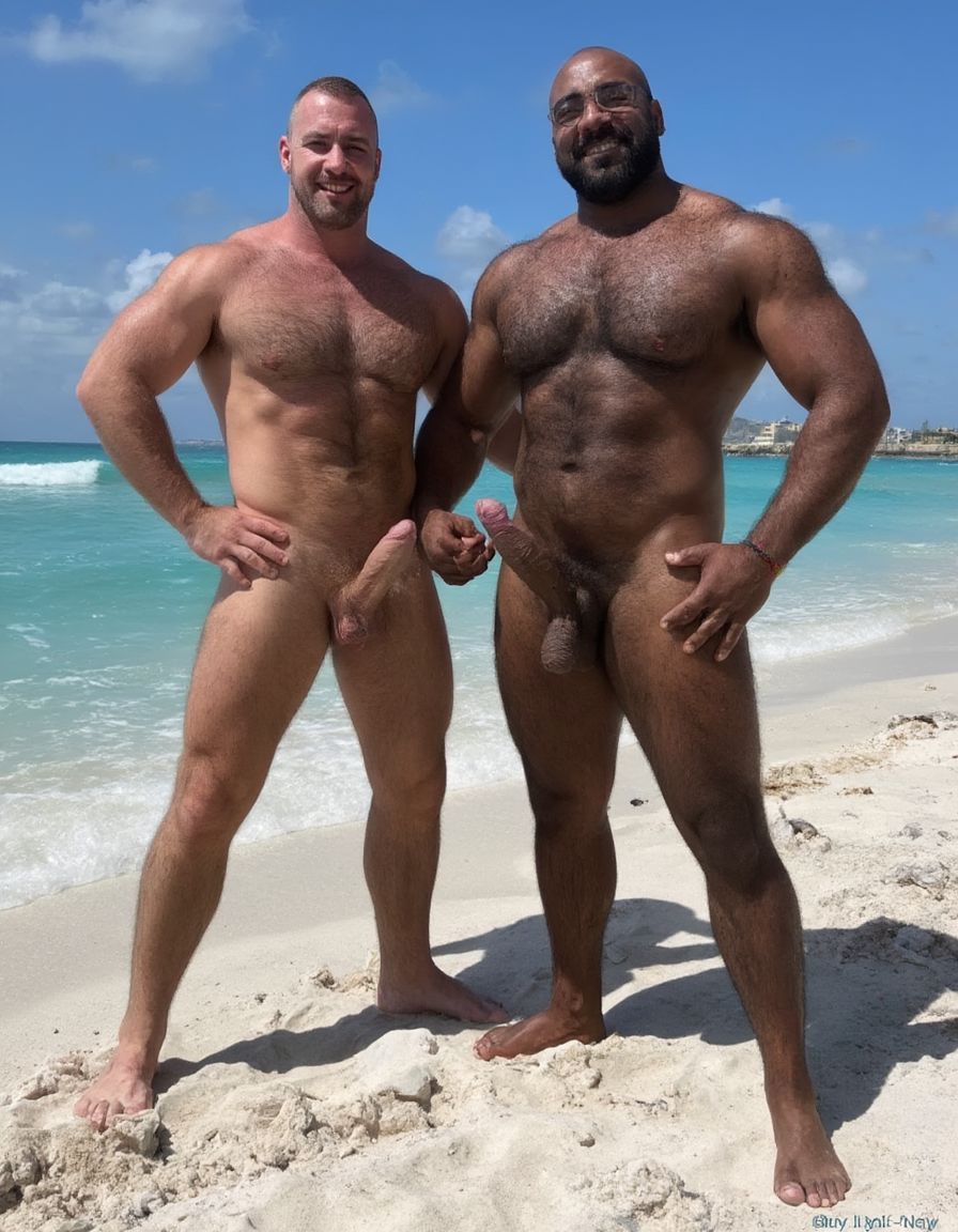 Rodrigo y Maximiliano son dos hombres culturistas de competición posando juntos en una playa de arena blanca con mar turquesa cristalino de fondo y cielo azul despejado, ambos descalzos sobre la arena, sonriendo a cámara con complicidad, postura relajada con las caderas pegadas y manos en la cintura.

Rodrigo es un hombre que está a la izquierda: caucásico de 35 años, cabeza completamente rapada y afeitada brillante por el sol, rostro cuadrado con mandíbula ancha, sonrisa amplia mostrando dientes blancos, cejas finas oscuras, ojos oscuros, piel bronceada aceitosa con brillo uniforme, cuello grueso de toro con trapecios enormes subiendo hasta las orejas, deltoides redondos y estriados como bolas de cañón con separación clara de las tres cabezas, pectorales masivos gruesos y cuadrados con estriaciones visibles en la parte inferior y surco profundo entre ambos, pezones pequeños apuntando hacia abajo por el volumen del pectoral, brazos enormes con bíceps con pico pronunciado y vena cefálica gruesa visible, tríceps con herradura marcada, antebrazos gruesos vascularizados, abdominales de seis bloques marcados con separaciones profundas, oblicuos definidos, serratos visibles, dorsales anchos que sobresalen por detrás dándole forma de V pronunciada, completamente desnudo de cintura para abajo, polla erecta de treinta y seis centímetros de longitud y ocho coma cinco centímetros de diámetro apuntando hacia arriba y ligeramente a la derecha, tronco grueso y venoso con venas retorcidas recorriéndolo desde la base hasta el glande, glande grande rosado hinchado y brillante completamente expuesto, testículos enormes gordos y pesados colgando bajos en un escroto relajado por el calor oscurecido por el bronceado, pubis recortado corto, muslos masivos con cuádriceps con forma de lágrima y separaciones marcadas, gemelos gruesos con forma de diamante, pies grandes sobre la arena.

Maximiliano es un hombre que está a la derecha: negro de piel oscura de 45 años, cabeza rapada al cero, rostro angular con pómulos altos y marcados, mandíbula cuadrada y definida, sonrisa confiada mostrando dientes blancos, ojos oscuros intensos, piel negra brillante y aceitada que resalta cada definición muscular con reflejos del sol, cuello grueso con trapecios altos, deltoides estriados enormes y redondos con venas cruzándolos, pectorales cuadrados duros y estriados con pezones oscuros pequeños, separación brutal entre ambos pectorales, brazos fibrosos masivos con bíceps vascularizados y venas gruesas serpenteando por todo el brazo, tríceps estriados con las tres cabezas visibles, antebrazos secos con cada tendón marcado, abdominales de ocho bloques profundamente tallados con piel fina pegada al músculo mostrando cada fibra, oblicuos cortados como cuchillas, serratos marcados individualmente, dorsales anchos y gruesos, completamente desnudo de cintura para abajo, polla erecta de treinta y seis centímetros de longitud y ocho coma cinco centímetros de diámetro con tronco oscuro grueso y pesado cubierto de venas hinchadas prominentes, glande enorme oscuro casi negro brillante de líquido preseminal, prepucio retraído por completo, testículos enormes gordos y llenos colgando pesados y bajos en un escroto oscuro arrugado y relajado, pubis con vello negro corto y rizado, muslos enormes fibrosos con cuádriceps estriados y femorales como cuerdas de acero, gemelos definidos y duros, pies descalzos sobre la arena blanca.

Iluminación natural directa del sol cenital con reflejos en la piel aceitada de Rodrigo y Maximiliano, sombras cortas en la arena, alta resolución fotográfica hiperrealista, textura de piel con poros visibles, gotas de sudor y aceite, calidad de fotografía profesional editorial deportiva, plano frontal de cuerpo entero.