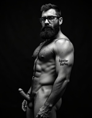 Fotografía hiperrealista en blanco y negro de un hombre adulto musculoso a la vista desde las rodillas para arriba hasta la cabeza, cuerpo muy delgado con musculación marcada y definida, rostro masculino, totalmente desnudo con polla erecta de treinta centímetros de longitud y ocho centímetros de diámetro, tiene rasgos marcados duros expresivos, barba densa poblada tupida oscura estilo hipster cubriendo completamente mandíbula mentón mejillas con grosor uniforme textura abundante muy definida, bigote denso tupido oscuro conectado perfectamente con la barba completa cubriendo completamente el labio superior, pelo oscuro medio peinado completamente recto hacia arriba con volumen considerable estilo hipster moderno quiff puntas verticales texturizadas hacia el cielo con altura prominente, cejas gruesas oscuras pobladas muy marcadas definidas, gafas de montura completa negra cuadradas grandes estilo hipster moderno sobre el puente de la nariz enmarcando unos ojos oscuros intensos que miran directamente a cámara con expresión seria penetrante confiada, expresión facial seria masculina sin sonrisa con mirada directa desafiante, pómulos marcados definidos angulares, nariz recta proporcionada, labios medios apenas visibles completamente cubiertos por bigote denso que conecta con la barba hipster completa, torso desnudo muy musculoso con pectorales enormes desarrollados y definidos, hombros anchos musculosos deltoide prominentes, brazos musculosos gruesos con bíceps y tríceps marcados visibles a ambos lados del cuerpo, abdomen tonificado marcado visible desde la cintura, piel con textura realista detallada poros imperfecciones sutiles, vello corporal denso oscuro abundante cubriendo pectorales abdomen brazos hombros con textura natural masculina muy visible, tatuaje en tinta negra en el bíceps del brazo derecho con la palabra exacta 