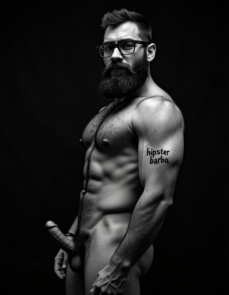 Fotografía hiperrealista en blanco y negro de un hombre adulto musculoso a la vista desde las rodillas para arriba hasta la cabeza, cuerpo muy delgado con musculación marcada y definida, rostro masculino, totalmente desnudo con polla erecta de treinta centímetros de longitud y ocho centímetros de diámetro, tiene rasgos marcados duros expresivos, barba densa poblada tupida oscura estilo hipster cubriendo completamente mandíbula mentón mejillas con grosor uniforme textura abundante muy definida, bigote denso tupido oscuro conectado perfectamente con la barba completa cubriendo completamente el labio superior, pelo oscuro medio peinado completamente recto hacia arriba con volumen considerable estilo hipster moderno quiff puntas verticales texturizadas hacia el cielo con altura prominente, cejas gruesas oscuras pobladas muy marcadas definidas, gafas de montura completa negra cuadradas grandes estilo hipster moderno sobre el puente de la nariz enmarcando unos ojos oscuros intensos que miran directamente a cámara con expresión seria penetrante confiada, expresión facial seria masculina sin sonrisa con mirada directa desafiante, pómulos marcados definidos angulares, nariz recta proporcionada, labios medios apenas visibles completamente cubiertos por bigote denso que conecta con la barba hipster completa, torso desnudo muy musculoso con pectorales enormes desarrollados y definidos, hombros anchos musculosos deltoide prominentes, brazos musculosos gruesos con bíceps y tríceps marcados visibles a ambos lados del cuerpo, abdomen tonificado marcado visible desde la cintura, piel con textura realista detallada poros imperfecciones sutiles, vello corporal denso oscuro abundante cubriendo pectorales abdomen brazos hombros con textura natural masculina muy visible, tatuaje en tinta negra en el bíceps del brazo derecho con la palabra exacta 