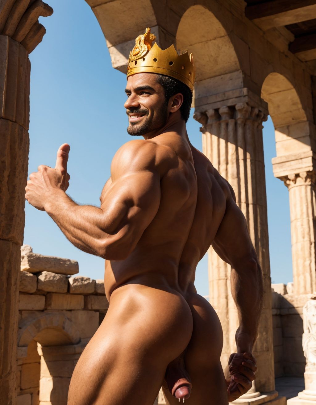 Hombre griego desnudo, sonriente, corona de oro y diamantes, pene grande eyaculando, testículos peludos, inclinado, enseñando ano, señalando con dedo índice, mirando hacia atrás, dedo dentro del ano, entre casas antiguas con columnas y estatuas, sol de tarde, piel bronceada, músculos definidos, ojos brillantes, sensual y apasionado.