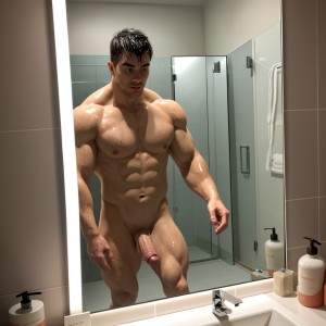Hombre desnudo en un baño moderno, luz cálida, agua corriendo, gotas de agua en la piel, musculoso, pene visible, reflejos en el espejo.