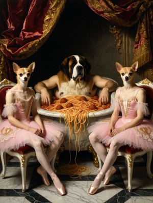 Dos bailarinas con cabeza de chihuahua posan sentadas de forma simétrica en sillas barrocas doradas, vestidas con tutús rosas, corsés decorados, medias claras y zapatillas de ballet de satén, dentro de un escenario teatral y palaciego. Entre ellas, un gran perro San Bernardo con torso y brazos humanos musculosos se apoya sobre una mesa cubierta por un enorme plato de espaguetis con albóndigas, con la pasta desbordándose hasta el suelo de mármol. El ambiente tiene un estilo surrealista y pictórico, con cortinas de terciopelo rojo, adornos dorados, iluminación dramática y composición clásica, mezclando retrato aristocrático, fantasía animal antropomórfica, ballet y banquete italiano en una escena extraña y elegante.