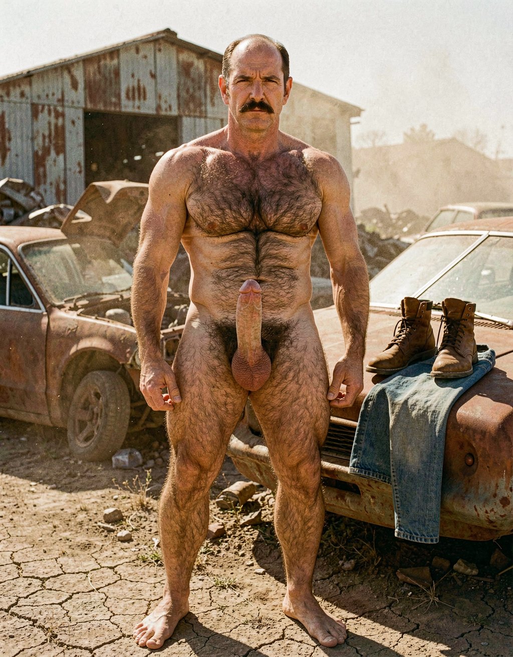 Mike Morris. A 32-year-old Mike Morris as Mr. Harris stands completely naked and barefoot in a dusty abandoned scrapyard under the harsh Texas sun, surrounded by rusted car wrecks, crushed metal piles and an old corrugated iron shed with peeling paint. His face is long, square and angular with high prominent cheekbones, a wide defined jaw, and a strong chin with a subtle dimple, his high broad forehead fully exposed under the sun with advanced Norwood III-IV baldness leaving the crown completely smooth and shiny, only short dark brown hair remaining on the sides and back. His thick dense handlebar mustache in dark brown covers his entire upper lip, his serious threatening expression with deep-set dark brown almond-shaped eyes under heavy drooping lids staring directly at the viewer. Heat haze shimmers in the background. His short thick veined neck and developed trapezius muscles connect to massive square pectorals with visible striations, six defined ab blocks, and dense dark brown body hair spreading in a T-pattern across his chest and down to his extremely dense dark brown pubic bush. His thick 24 cm erect cock stands fully engorged at 5 cm wide, pointing upward with prominent thick dorsal veins and a pink-reddish glans fully exposed, the pale shaft skin starkly contrasting with the dark pubic bush. Large low-hanging testicles hang beneath with wrinkled darker skin. His heavily muscled extremely hairy thighs and diamond-shaped calves are covered in dark brown hair. His bare size 44 EU feet are planted on the dry cracked earth. A pair of brown leather work boots and faded blue jeans lie discarded on a rusted car hood beside him, suggesting he just stripped for the scene. Golden late afternoon sunlight casts long shadows across his muscular hairy body, dust particles floating in the warm air, with a 1970s gritty film aesthetic, warm amber and ochre color palette, visible film grain, and the raw documentary-style erotic photography of classic gay porn from that era.    Evitar el error: Error: Unexpected token '<', 