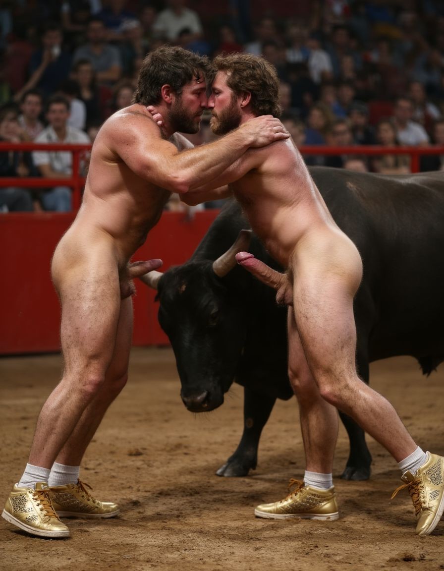 Un torero español musculoso y velludo de 50 años, con torso atlético y marcado, se muestra completamente desnudo, destacando su pene de 30 cm de longitud y 5 cm de grosor, perfectamente formado y rodeado de un denso vello púbico castaño oscuro. Sus testículos, perfectamente formados, cuelgan de forma prominente. La piel bronceada y sudorosa resalta su musculatura definida, con pectorales y abdominales bien marcados y sin grasa. El cabello largo y castaño oscuro está despeinado y sudoroso, con gotas de sudor resbalando por su frente y mejillas. Una barba incipiente y un vello corporal denso que se extiende por su pecho, piernas y brazos completan su apariencia viril. Lleva zapatillas doradas en sus pies.

A su lado, un hombre musculoso y velludo de 30 años, completamente desnudo, muestra un pene de 40 cm de longitud y 7 cm de diámetro, hermoso y perfecto, rodeado de un denso vello púbico pelirrojo. Su piel bronceada y sudorosa muestra una musculatura definida, con pectorales y abdominales muy marcados. Tiene cabello pelirrojo despeinado y sudoroso. Tiene una barba pelirroja densa pero bien recortada. El vello corporal pelirrojo denso cubre su pecho, y tiene mucho vello pelirrojo en sus piernas y brazos, lo que realza su apariencia masculina y atlética. Están en la plaza de toros con un toro salvaje. Se aman

Ambos hombres se encuentran en una plaza de toros, con sombras que resaltan su musculatura y vello corporal, creando un ambiente sensual y cargado de tensión. Están en pleno acto de pasión, con sus penes erectos y testículos prominentes colgando y moviéndose al compás de los movimientos del cuerpo, destacando su musculatura, vello corporal y atributos viriles en una imagen impactante y llena de energía. La escena está llena de sensualidad y poder, con los dos hombres como protagonistas, en un ambiente cargado de pasión y erotismo. La imagen es híper realista, con detalles de alta calidad, y muestra la unión de los dos hombres en un acto de pasión y dominio, con sus cuerpos musculosos y velludos completamente desnudos y visibles, mostrando su excitación y pasión en cada detalle. Tienen sus penes erectos. Están totalmente desnudos. Tienen un pene de 40 cm de longitud y 7 cm de diámetro. Son felices y sonríen. Amor. Se abrazan por la cintura con fuerza y pasión, están muy juntos. Sexo duro. Están abrazados y besándose en la boca con lengua. Están muy juntos apretándose el uno con el otro. Te quiero ❤️. Se besan apasionadamente. Juntan sus penes erectos a la vista del espectador. Por sus penes erectos. 
