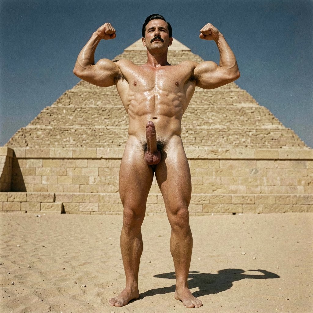 Full-body photograph of Errol Flynn, 30 years old, standing alone at the Step Pyramid complex in Saqqara, Egypt, 1938. Midday desert sun beating down on his naked body. Frontal camera angle capturing his entire figure from bare feet to head. He is posing with both arms raised in a classic double biceps flex, muscles fully contracted and bulging. Perfect full-body composition, zero deformations.

Athletic slender build, 1.86 m, 80 kg. Broad shoulders tapering to a narrow waist. Completely hairless smooth torso. Clean-shaven face. Jet-black hair slicked back with brillantina, perfect side parting. Strong jawline, thin well-trimmed mustache. Fair skin golden bronze, glistening with sweat.

Arms raised and clenched, enormous rounded biceps peaks, thick bulging forearms with ropelike veins, prominent triceps. Shoulders capped with dense deltoids. Lats flaring wide. Serratus muscles visible along ribcage. Deeply carved abdominal six-pack, obliques, Adonis belt. Quadriceps bulging, powerful calves. Arrogant expression, chin raised, eyes half-lidded with superiority.

His cock is perfectly rendered and fully visible: 20 cm uncircumcised, now semi-erect and longer, hanging with the foreskin partially retracted, pink glans exposed. Large low-hanging testicles in smooth scrotum. Dense black pubic hair.

In the background: the Step Pyramid of Djoser rising in yellowish limestone against deep blue sky, enclosure wall, desert horizon. No other people.

Hyperrealistic photography, extreme detail on muscles, veins, sweat, skin texture, foreskin detail, dramatic desert lighting, film grain 1930s, zero deformations.