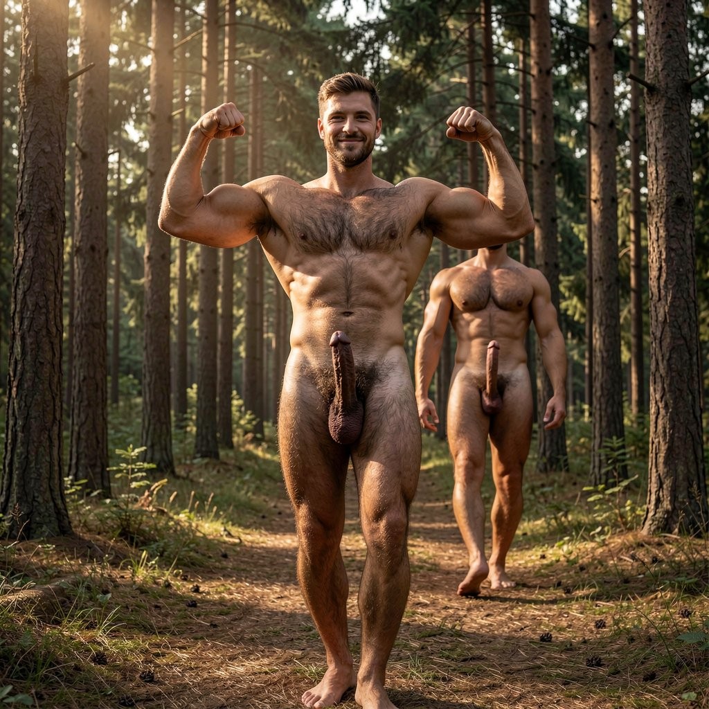 **

Una fotografía hiperrealista de cuerpo entero tomada desde los pies hasta la cabeza en plano frontal perfecto. En primer plano, Mike Morris está completamente desnudo de pie en un bosque denso de pinos y abetos altos, con las piernas fuertes y peludas ligeramente separadas, los brazos flexionados y tensos hacia arriba en doble contracción mostrando bíceps hinchados y venosos, y una expresión feliz, tranquila y serena con una leve sonrisa satisfecha mientras mira a cámara.

Su pene está completamente limpio, flácido y relajado, con una forma absolutamente natural y perfecta a la vista: cuelga pesado, suave y carnoso con una ligera curva natural hacia la izquierda, tronco grueso que se estrecha suavemente hacia un glande grande, bien formado y redondeado que descansa con naturalidad sobre el escroto moreno arrugado y suelto. El testículo derecho cuelga visiblemente más bajo. Su vello corporal castaño oscuro es muy denso en pecho, abdomen, pubis, brazos y piernas, contrastando con su piel bronceada.

Desde atrás, apareciendo entre los árboles y caminando directamente hacia Mike con paso tranquilo y seguro, se ve Alfredo, de 40 años, 1,90 m de altura y 78 kg con solo un 6% de grasa corporal. Tiene una complexión atlética imponente con una silueta en V muy marcada: hombros anchos, espalda fuerte y musculada, cintura extremadamente estrecha, pecho y brazos definidos. Su culo es redondo, duro, firme y elevado, con glúteos musculados que se tensan con cada paso. Las piernas son potentes, con cuádriceps y isquiotibiales muy desarrollados y gemelos marcados, todo cubierto de vello castaño oscuro espeso.

Alfredo está completamente desnudo. Su pene de 24 cm cuelga semi-pesado entre las piernas, con un tronco grueso de 18 cm de perímetro que se ensancha ligeramente hacia la mitad, un glande grande y prominente con corona muy marcada que se levanta un poco, y la uretra visible como un resalte claro. Los huevos grandes cuelgan holgados en un escroto moreno arrugado, con el testículo derecho nueve milímetros más bajo que el izquierdo. El pubis está cubierto de vello castaño oscuro muy espeso, rizado y abundante que sube en forma de diamante hasta el ombligo.

Su rostro es marcadamente angular y muy masculino: mandíbula ancha y cuadrada con un hoyuelo profundo en el mentón, pómulos altos, surcos malares profundos, cejas arqueadas claras, ojos grandes y profundos de color verde con expresión tranquila y amistosa, nariz recta grande y labios carnosos. Lleva el cabello corto, castaño con matices dorados, peinado de forma natural. El pecho y el abdomen están cubiertos de vello castaño oscuro abundante y espeso que se junta en el centro y forma una línea gruesa hasta el pubis.

La luz cinematográfica natural entra desde la parte superior izquierda, iluminando con brillos dorados intensos el cuerpo definido de Mike en primer plano y alcanzando parcialmente la figura imponente de Alfredo que se acerca desde atrás, creando contraste entre las sombras profundas del bosque verde oscuro y los dos cuerpos masculinos, peludos y atléticos. Atmósfera poderosa, serena y cargada de tensión sexual, con detalle anatómico extremo, texturas de piel, vello y músculos perfectamente renderizados en una sola imagen hiperrealista de cuerpo entero desde los pies hasta la cabeza.