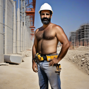 árabe 45 años velludo en obra de construcción de frente sin camiseta con pantalón corto con la mano en su polla
