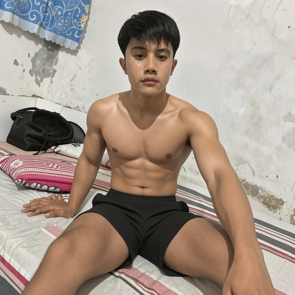 A young shirtless man is sitting on a bed with striped sheets, looking directly at the camera with a serious and relaxed expression. He is wearing black shorts and shows an athletic, defined torso, with marked abs, bare shoulders, and arms resting at his sides, one extended forward as if he were taking a selfie. The room is simple, with a worn white wall with stains and peeling paint, a blue curtain with a floral pattern in the upper left corner, a pink patterned pillow, and a black bag resting against the wall, creating an intimate, everyday bedroom atmosphere.