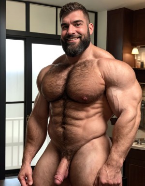 Hombre musculoso. Mucho vello. Barba. De cuerpo entero. Sonriente. Copa de vino en la mano.  Un pene grande erecto precioso  perfecto. Testículos grandes y peludos. Muy masculino muy viril.