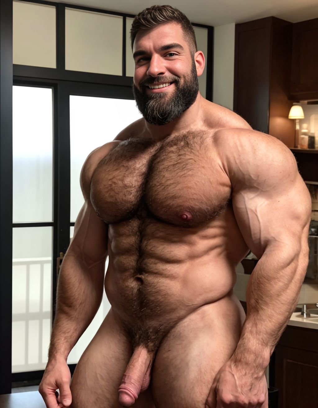 Hombre musculoso. Mucho vello. Barba. De cuerpo entero. Sonriente. Copa de vino en la mano.  Un pene grande erecto precioso  perfecto. Testículos grandes y peludos. Muy masculino muy viril.